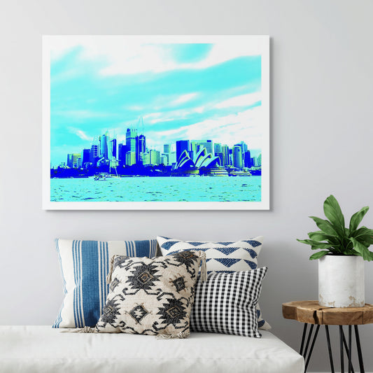 POPscape Sydney - Harbour Sailing - 9574v5 - Room View, Stylised view of Sydney Harbour with sailboats in the foreground and the Opera House and city skyline in the background. Rendered in bright aqua and blue Pop Art tones.