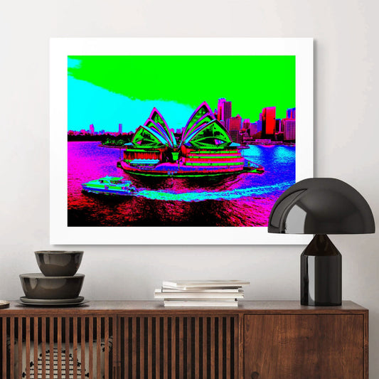 POPscape Sydney - Sydney Opera House Ferry 0125v32 - Room View, neon Pop Art Sydney Opera House with ferry, vibrant cityscape background, fine art print.
