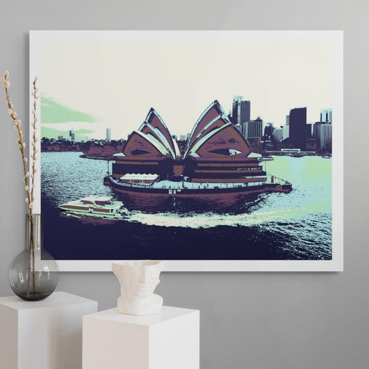 POPscape Sydney - Sydney Opera House Ferry 0125v41 - Room View, muted Pop Art tones of Sydney Opera House with ferry and city backdrop, limited edition print.