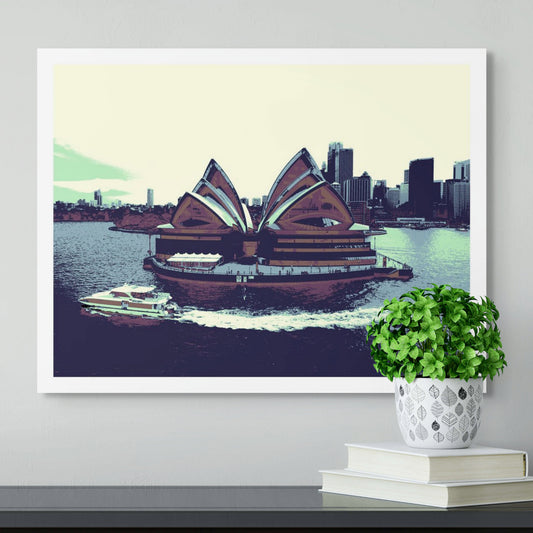 POPscape Sydney - Sydney Opera House Ferry 0125v42 - Room View, dark-toned Pop Art Sydney Opera House scene with ferry on harbour, fine art print.