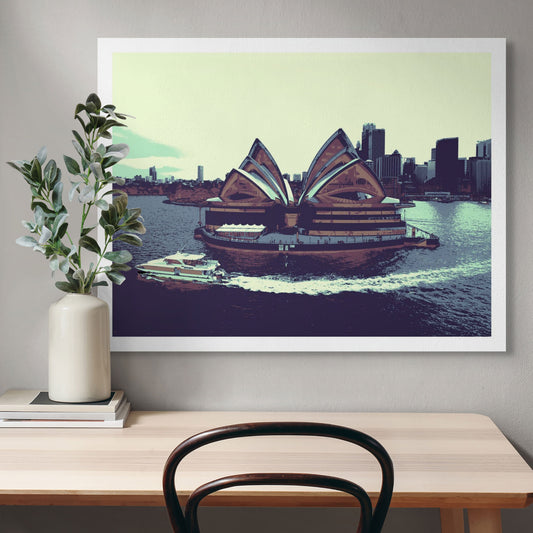 POPscape Sydney - Sydney Opera House Ferry 0125v43 - Room View, warm-toned Pop Art Sydney Opera House with ferry, harbour view, limited edition print.