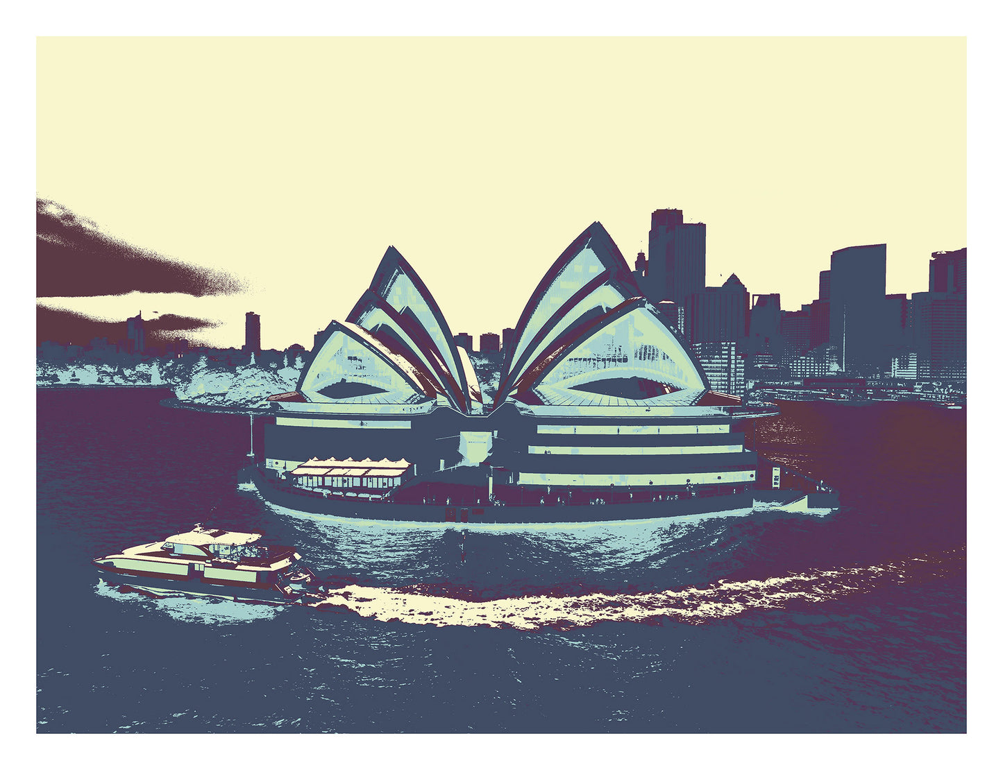 POPscape Sydney - Sydney Opera House Ferry 0125v55 - 104x81.5cm, retro-style Pop Art Sydney Opera House with ferry and cityscape, fine art limited edition.