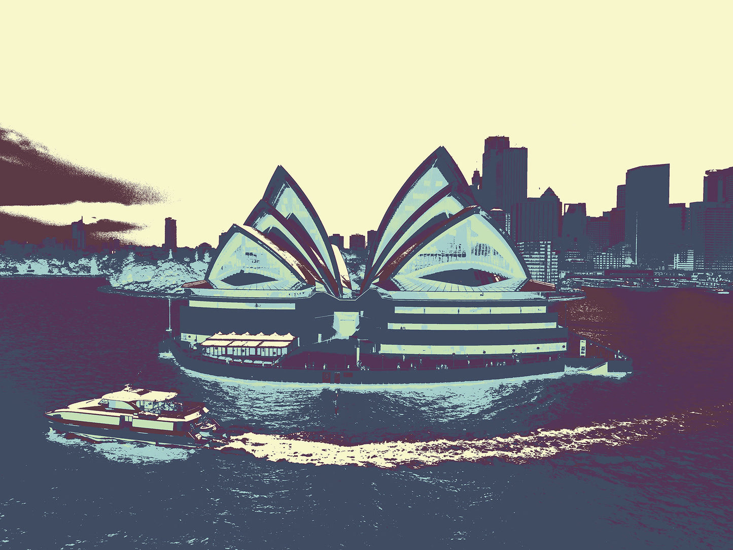 POPscape Sydney - Sydney Opera House Ferry 0125v55 - 90x67.5cm, retro-style Pop Art Sydney Opera House with ferry and cityscape, fine art limited edition.