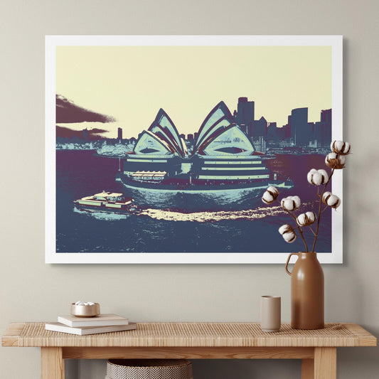 POPscape Sydney - Sydney Opera House Ferry 0125v55 - Room View, retro-style Pop Art Sydney Opera House with ferry and cityscape, fine art limited edition.