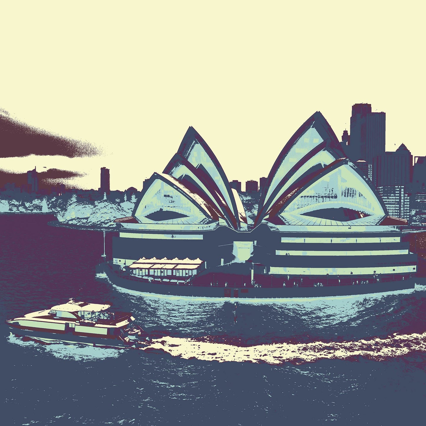 POPscape Sydney - Sydney Opera House Ferry 0125v55 - Close Detail View, retro-style Pop Art Sydney Opera House with ferry and cityscape, fine art limited edition.