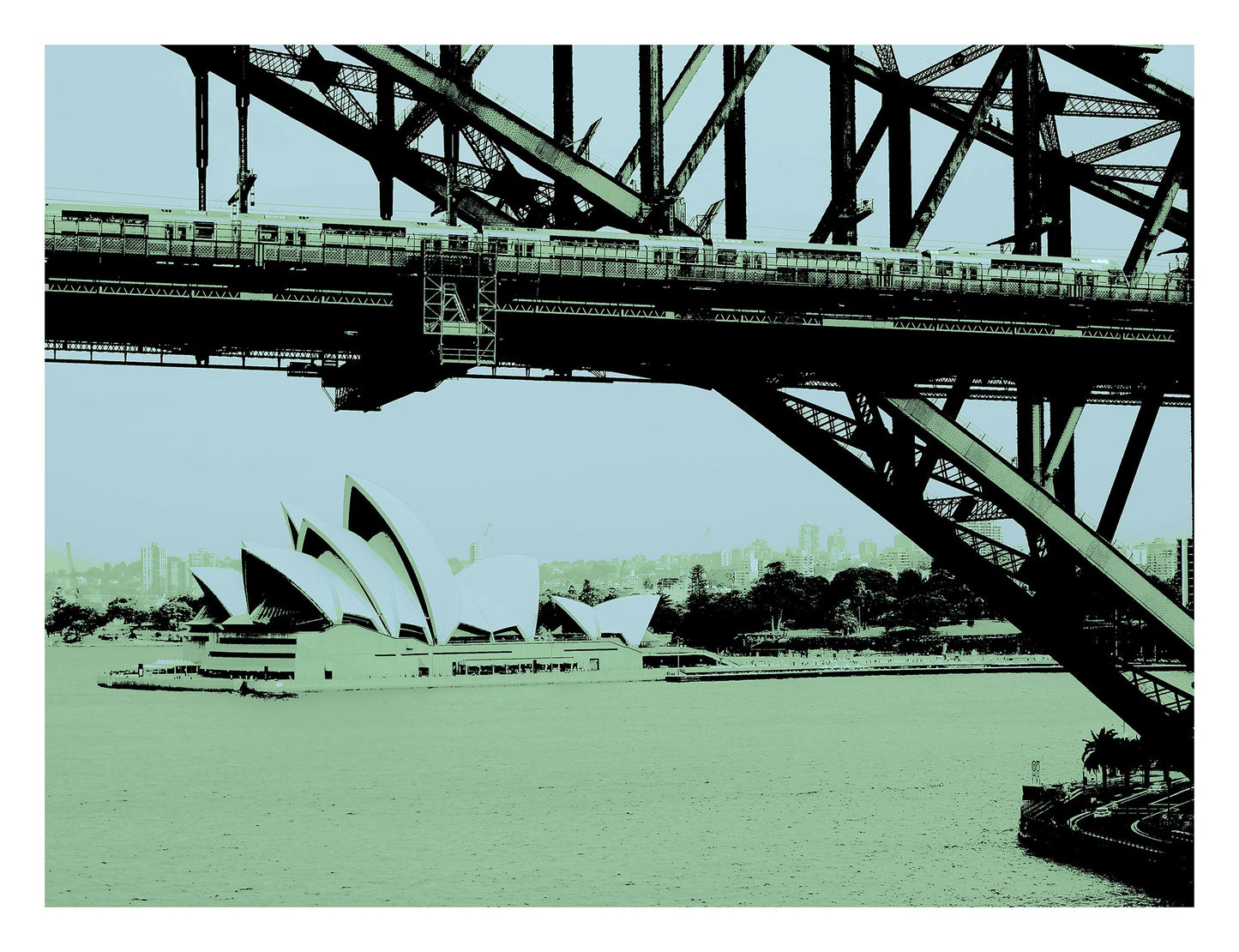 POPscape Sydney - Opera House Bridge Train 0095v11 - 104x81.5cm, Pop Art depiction of Sydney Opera House and Harbour Bridge with muted tones, limited edition print.