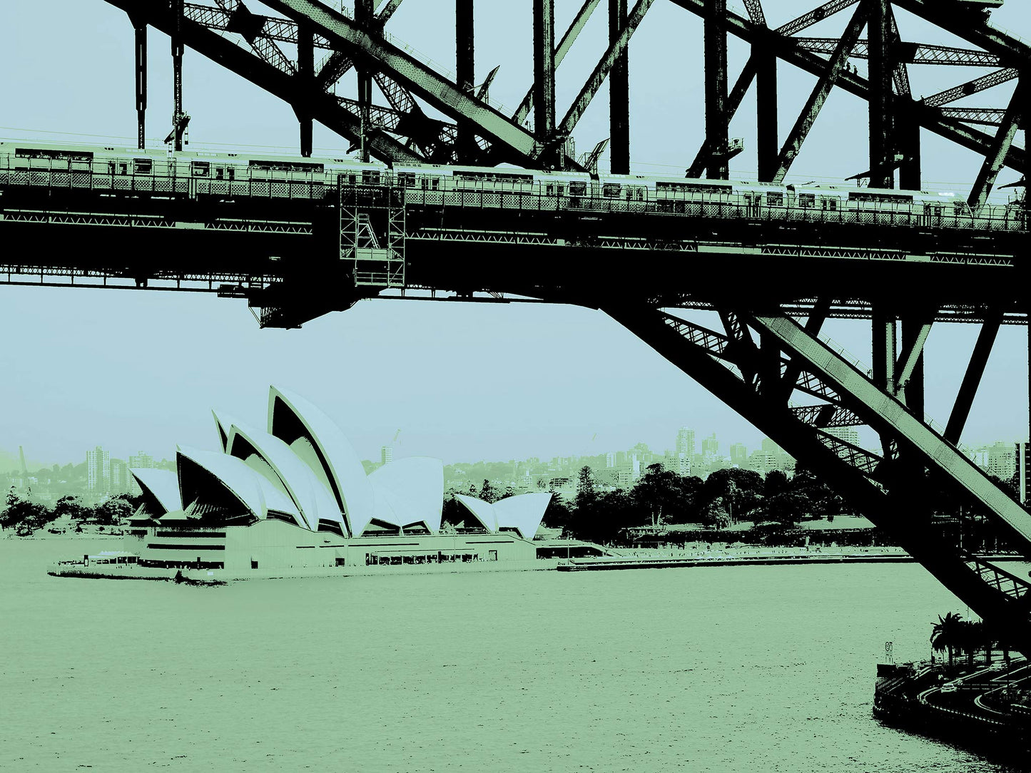 POPscape Sydney - Opera House Bridge Train 0095v11 - 90x67.5cm, Pop Art depiction of Sydney Opera House and Harbour Bridge with muted tones, limited edition print.