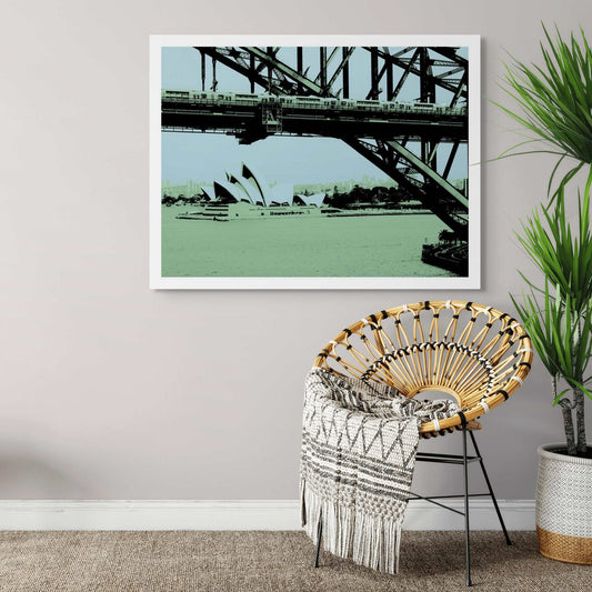 POPscape Sydney - Opera House Bridge Train 0095v11 - Room View, Pop Art depiction of Sydney Opera House and Harbour Bridge with muted tones, limited edition print.