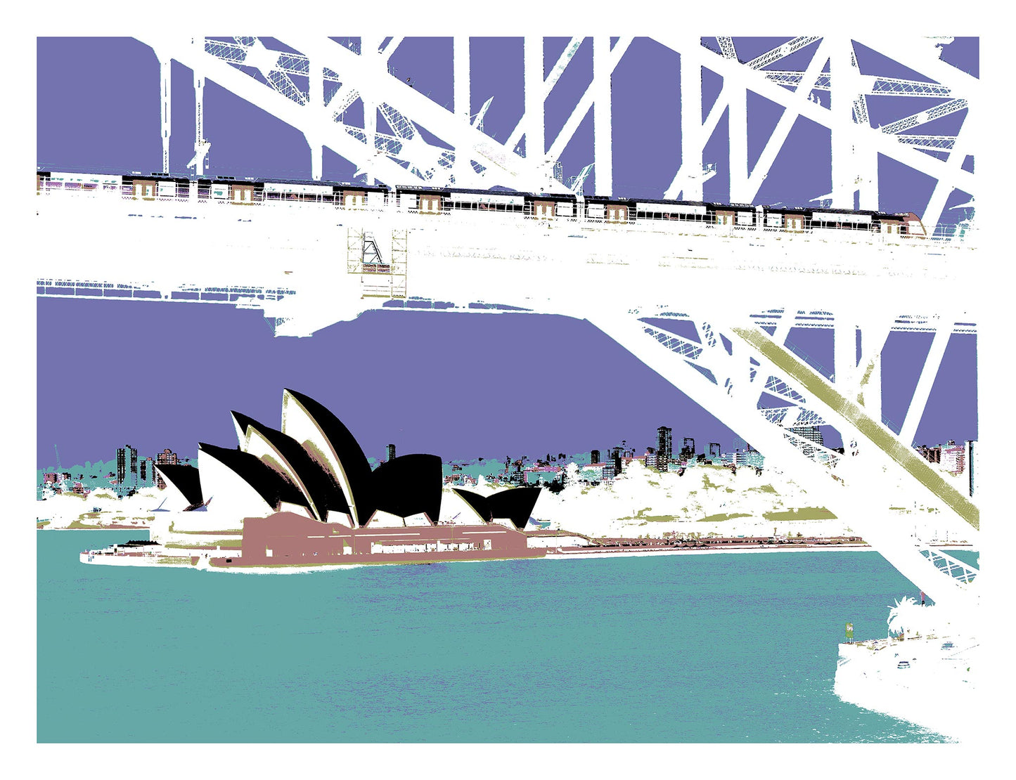 POPscape Sydney - Opera House Bridge Train 0095v12 - 104x81.5cm, Pop Art style purple and white Sydney Opera House under the Harbour Bridge, fine art print.
