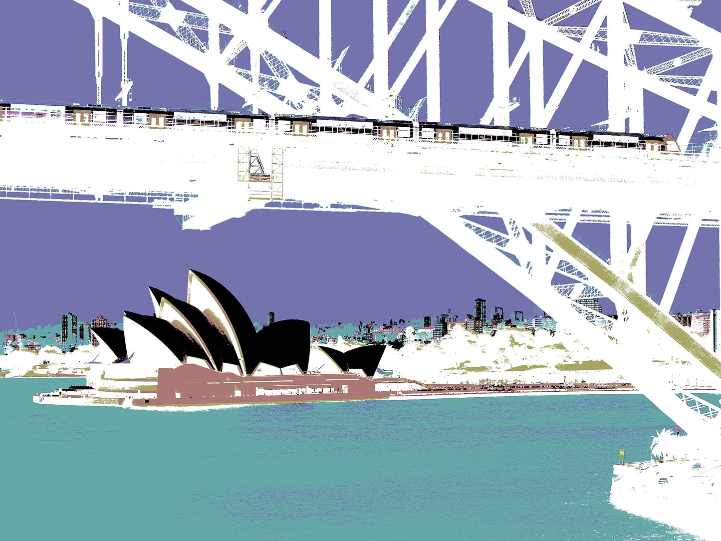 POPscape Sydney - Opera House Bridge Train 0095v12 - 90x67.5cm, Pop Art style purple and white Sydney Opera House under the Harbour Bridge, fine art print.