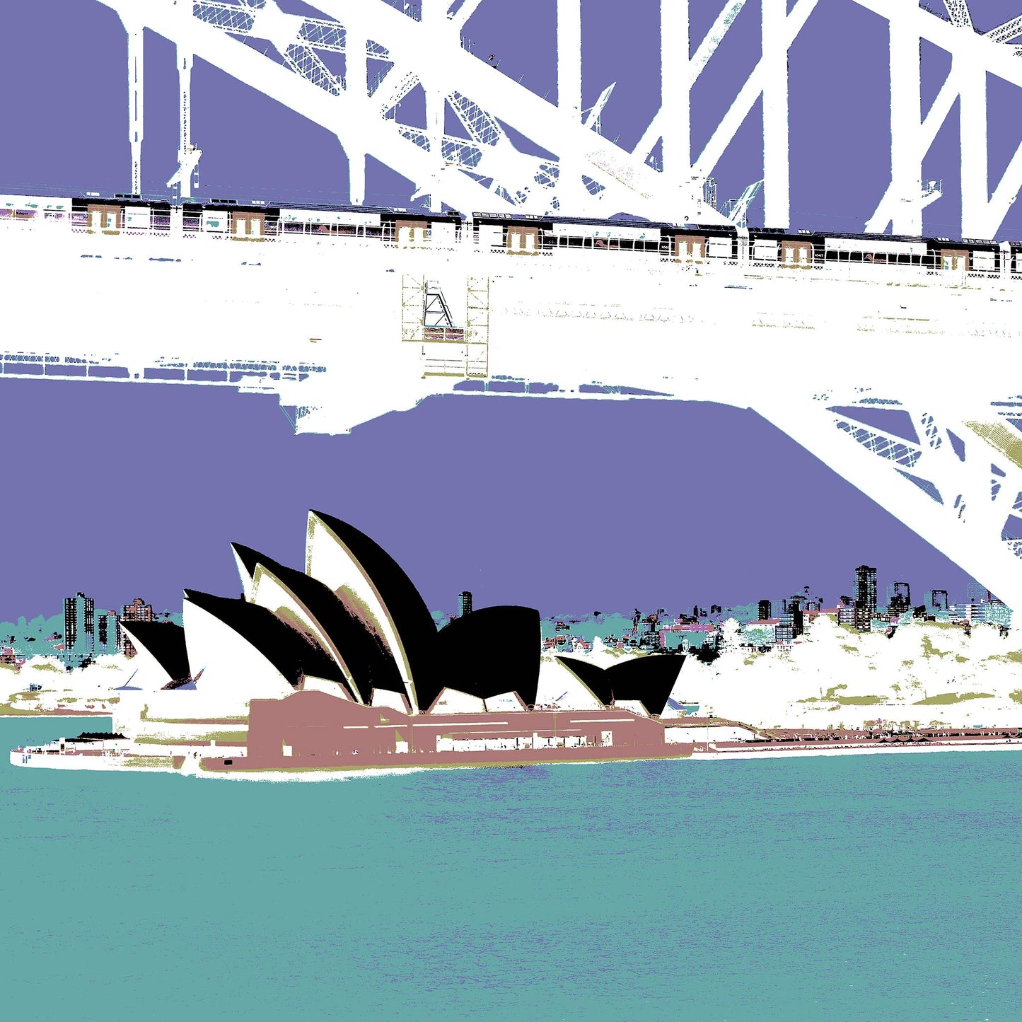 POPscape Sydney - Opera House Bridge Train 0095v12 - Close Detail View, Pop Art style purple and white Sydney Opera House under the Harbour Bridge, fine art print.