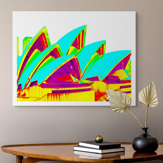 POPscape Sydney - Opera House Sails 0133v109 - Room View, bold yellow and cyan Pop Art style Sydney Opera House sails, limited edition print.