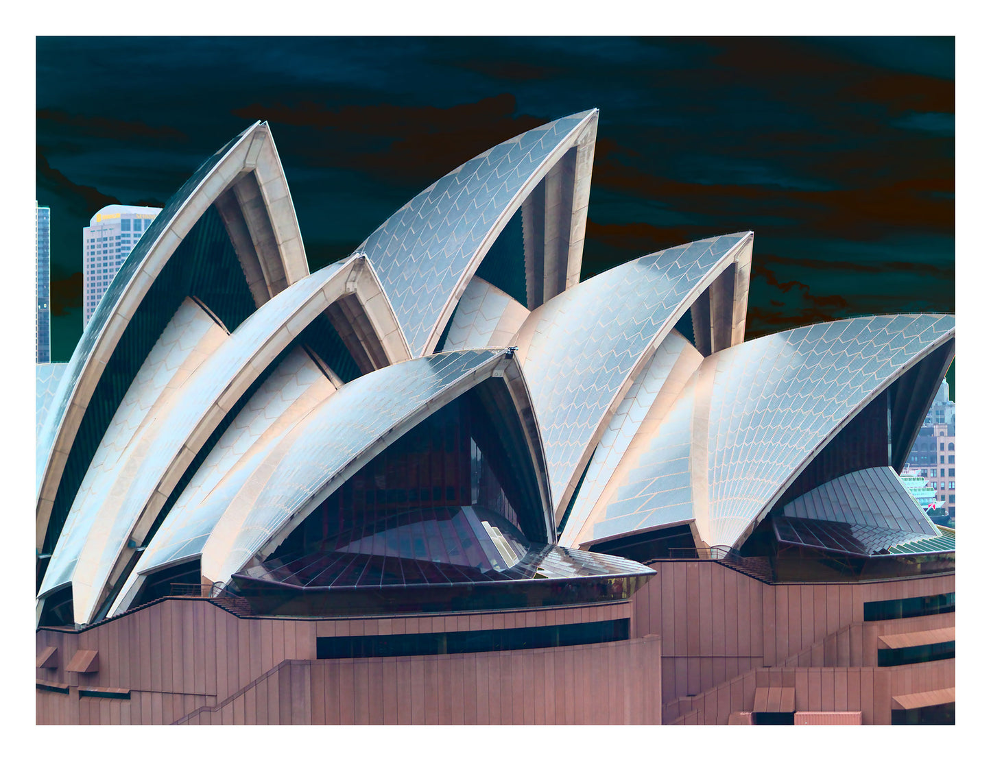 POPscape Sydney - Opera House Sails 0133v23 - 104x81.5cm, subtle Pop Art rendering of Sydney Opera House sails, detailed architectural form, fine art print.