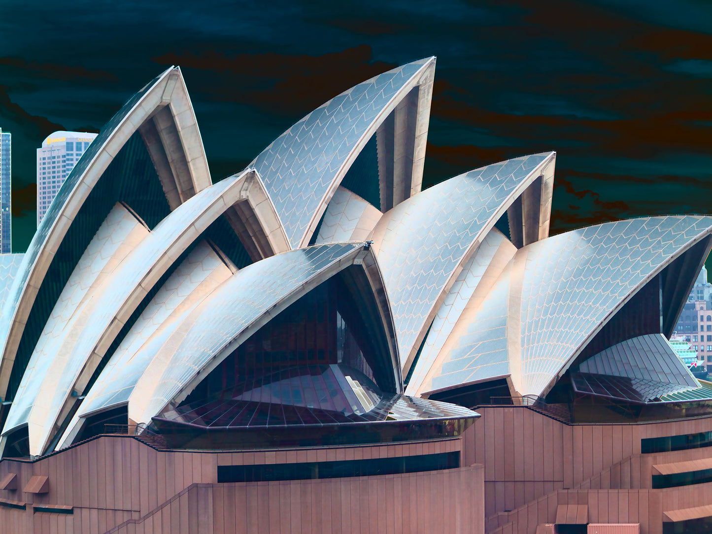 POPscape Sydney - Opera House Sails 0133v23 - 90x67.5cm, subtle Pop Art rendering of Sydney Opera House sails, detailed architectural form, fine art print.