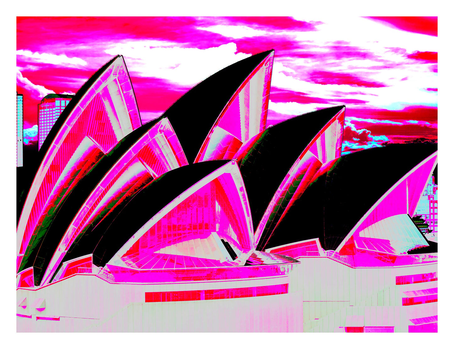 POPscape Sydney - Opera House Sails 0133v49 - 104x81.5cm, bright pink Pop Art style Sydney Opera House sails against dramatic sky, limited edition print.
