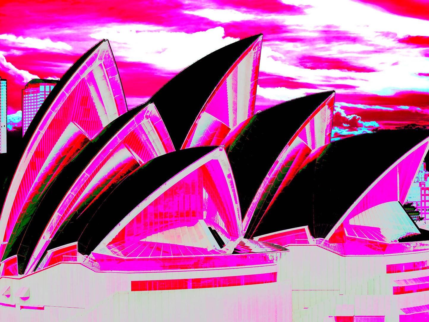 POPscape Sydney - Opera House Sails 0133v49 - 90x67.5cm, bright pink Pop Art style Sydney Opera House sails against dramatic sky, limited edition print.
