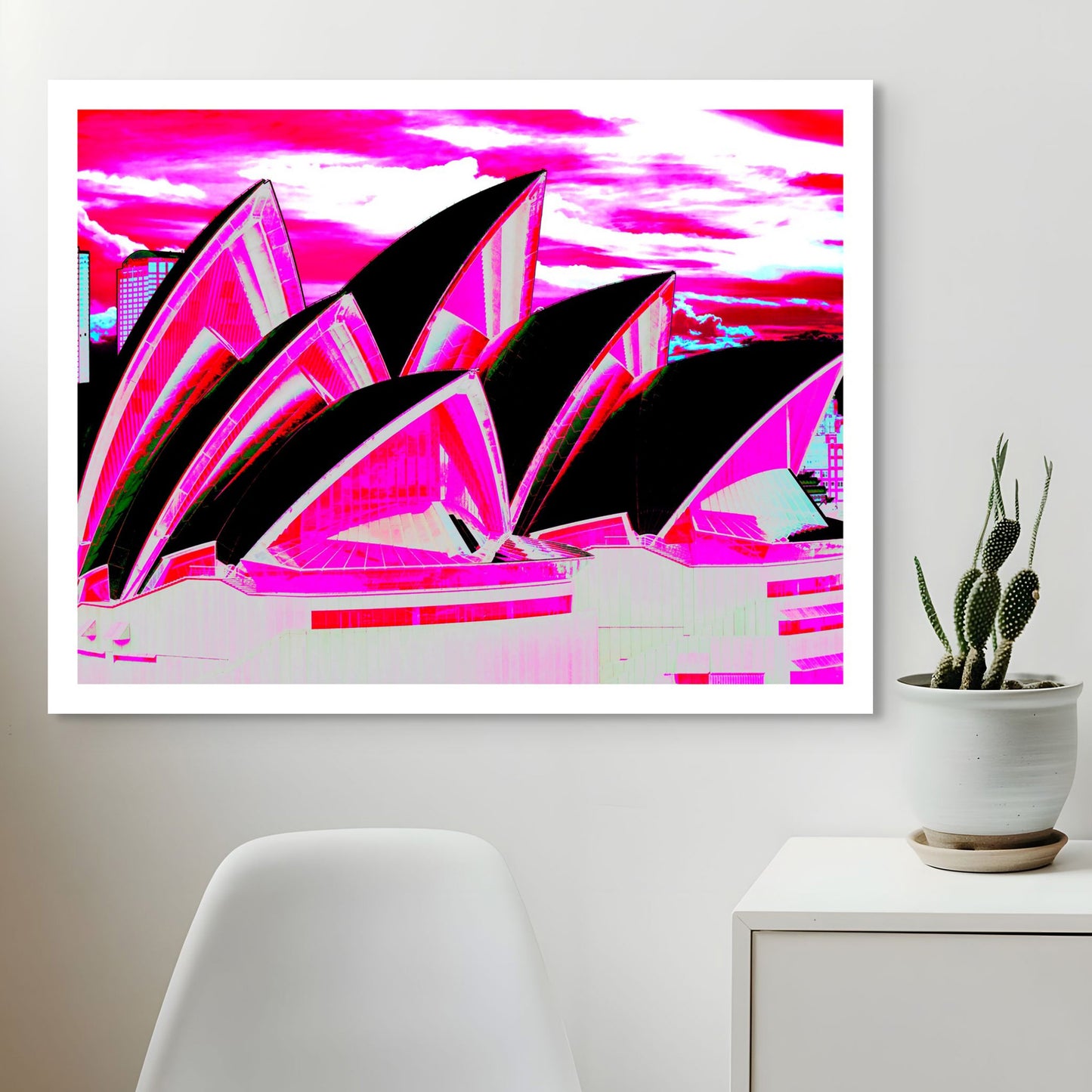 POPscape Sydney - Opera House Sails 0133v49 - Room View, bright pink Pop Art style Sydney Opera House sails against dramatic sky, limited edition print.