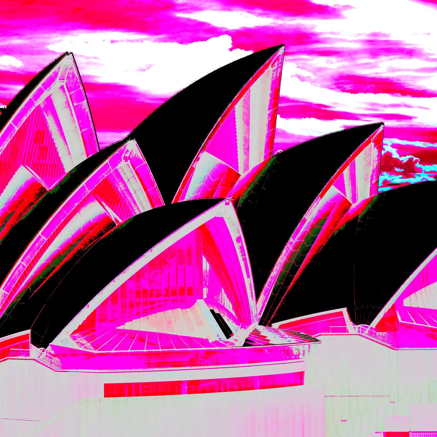 POPscape Sydney - Opera House Sails 0133v49 - Close Detail View, bright pink Pop Art style Sydney Opera House sails against dramatic sky, limited edition print.