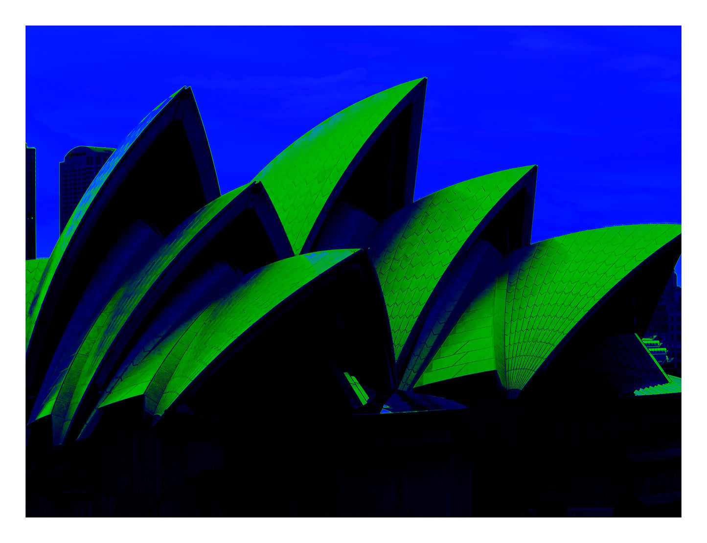 POPscape Sydney - Opera House Sails 0133v52 - 104x81.5cm, deep blue and green Pop Art style Sydney Opera House sails at night, fine art print.