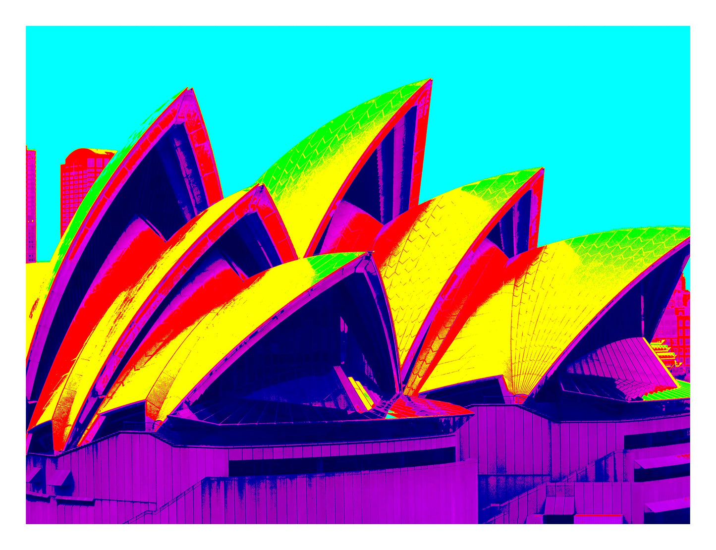 POPscape Sydney - Opera House Sails 0133v85 - 104x81.5cm, multicolour Pop Art style Sydney Opera House sails with vibrant yellow and magenta, limited edition print.