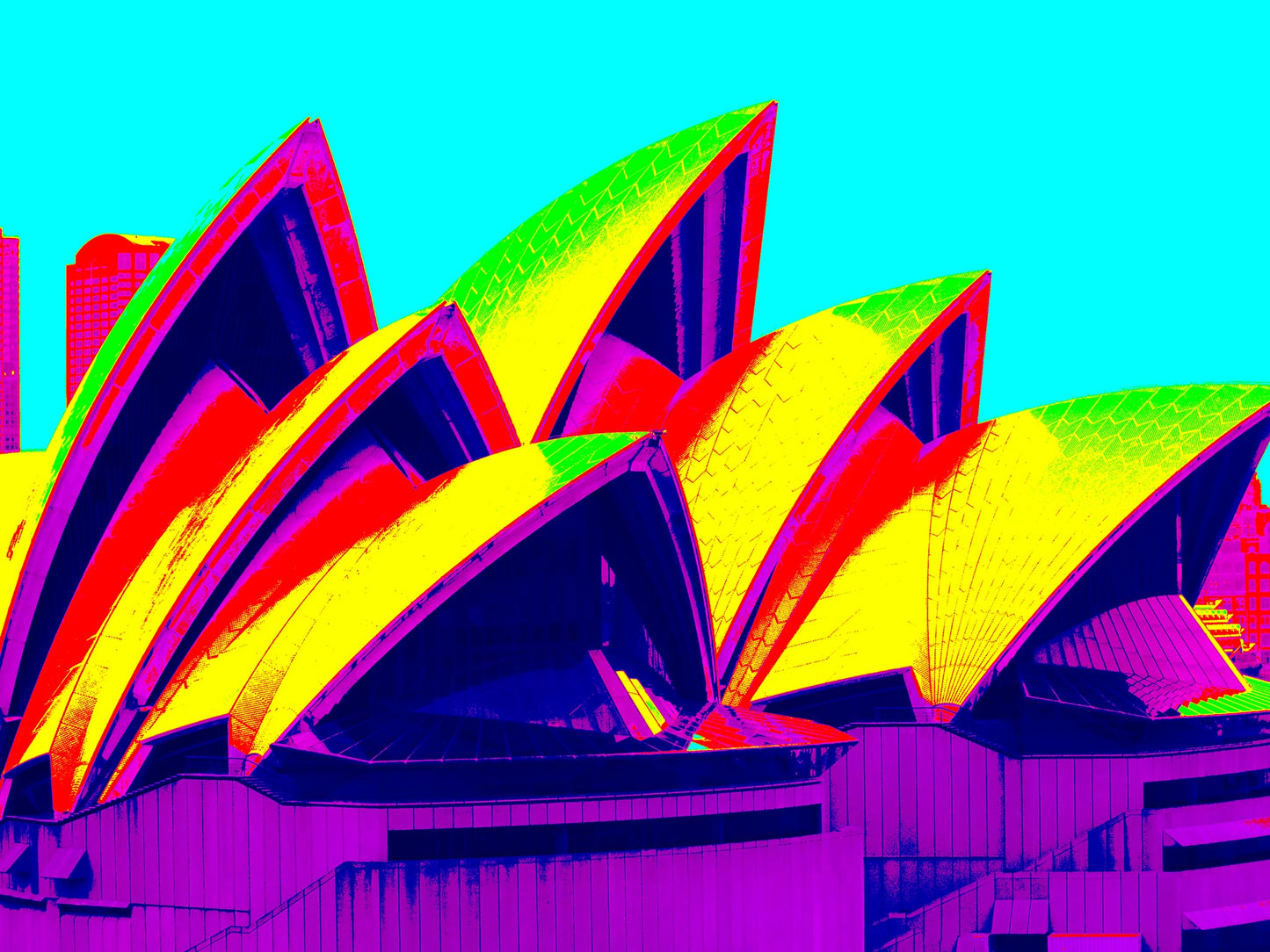POPscape Sydney - Opera House Sails 0133v85 - 90x67.5cm, multicolour Pop Art style Sydney Opera House sails with vibrant yellow and magenta, limited edition print.