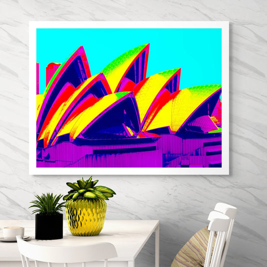 POPscape Sydney - Opera House Sails 0133v85 - Room View, multicolour Pop Art style Sydney Opera House sails with vibrant yellow and magenta, limited edition print.