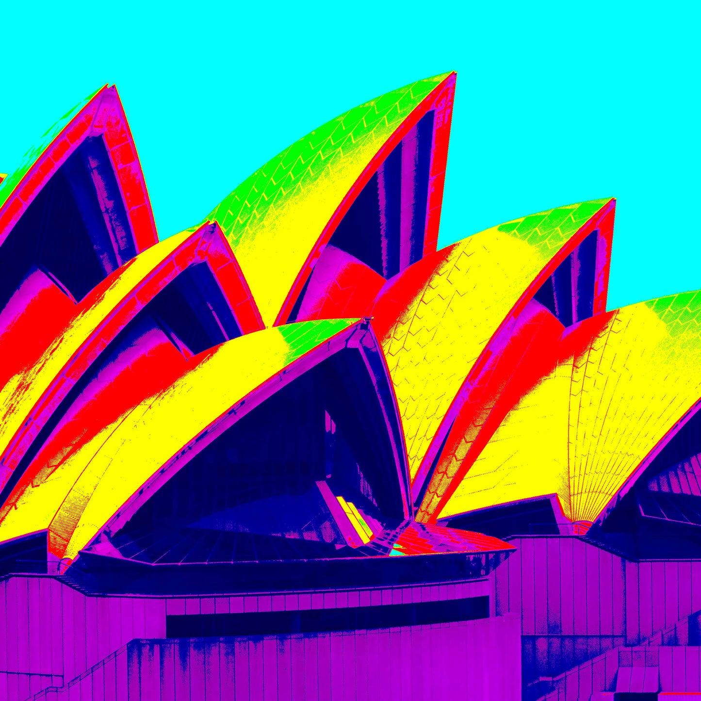 POPscape Sydney - Opera House Sails 0133v85 - Close Detail View, multicolour Pop Art style Sydney Opera House sails with vibrant yellow and magenta, limited edition print.