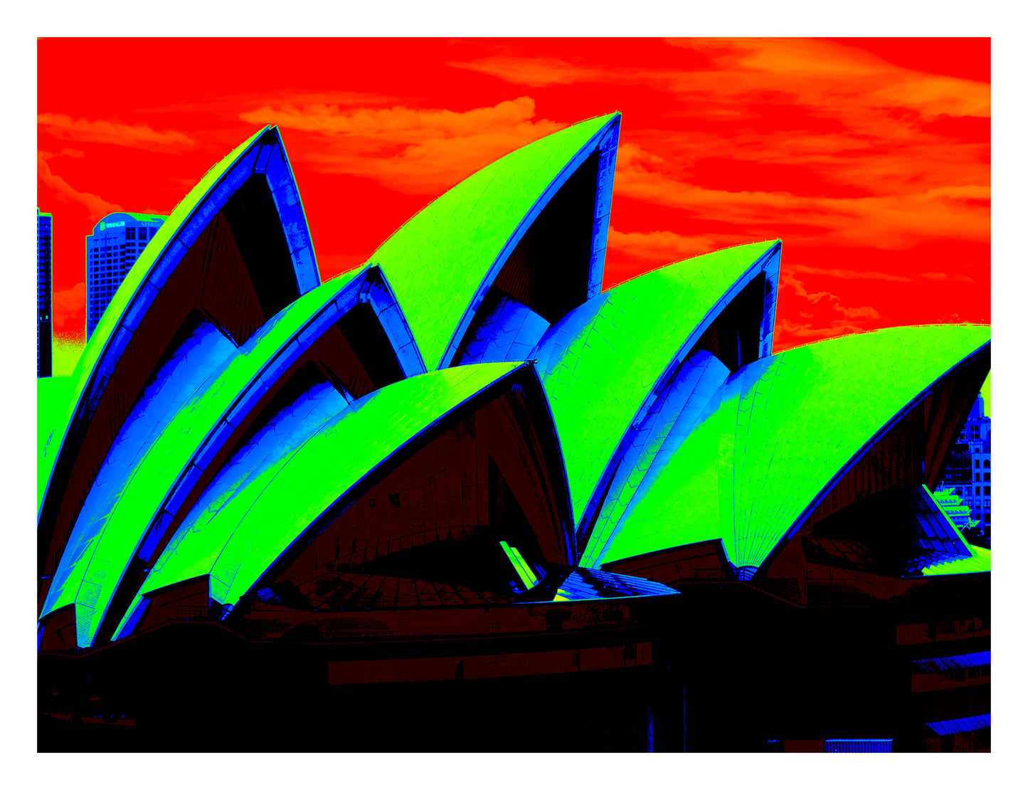 POPscape Sydney - Opera House Sails 0133v96 - 104x81.5cm, Pop Art style Sydney Opera House sails in green and blue tones, fine art print.