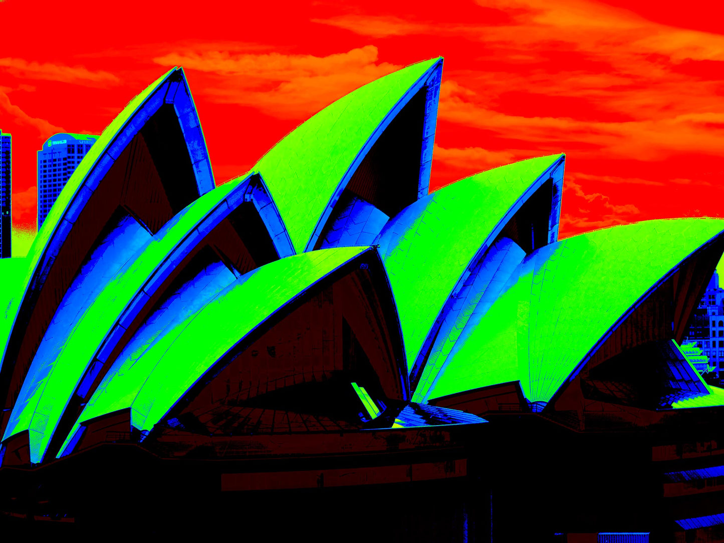 POPscape Sydney - Opera House Sails 0133v96 - 90x67.5cm, Pop Art style Sydney Opera House sails in green and blue tones, fine art print.