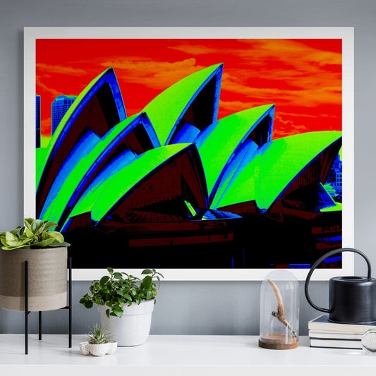 POPscape Sydney - Opera House Sails 0133v96 - Room View, Pop Art style Sydney Opera House sails in green and blue tones, fine art print.