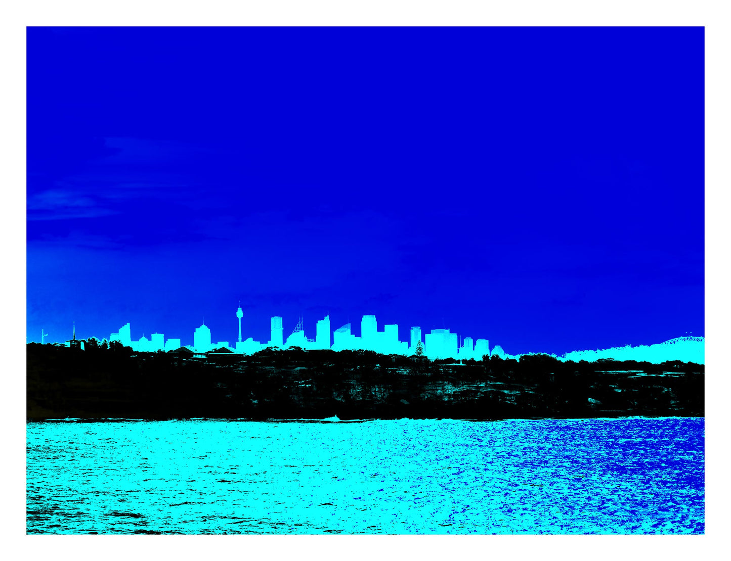 POPscape Sydney - Skyline 0175v89 - 104x81.5cm, bright blue Pop Art style Sydney city skyline with turquoise harbour, limited edition print.