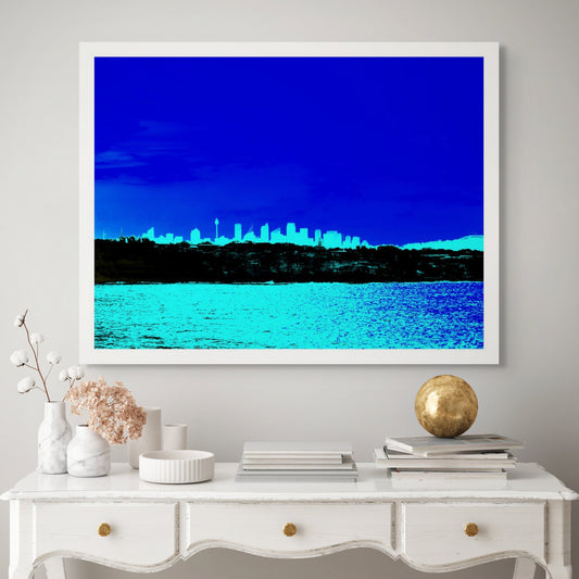 POPscape Sydney - Skyline 0175v89 - Room View, bright blue Pop Art style Sydney city skyline with turquoise harbour, limited edition print.