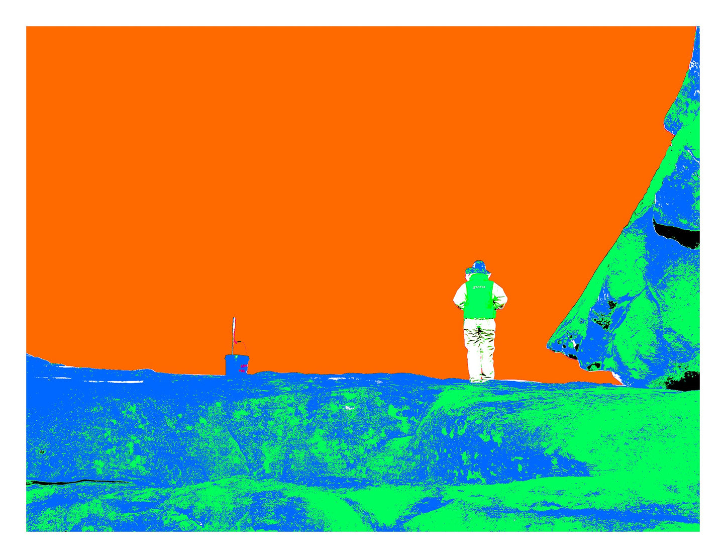 POPscape Sydney - Watsons Bay Fisherman 4690v9 - 104x81.5cm, neon green and orange Pop Art fisherman rock fishing, fine art print.