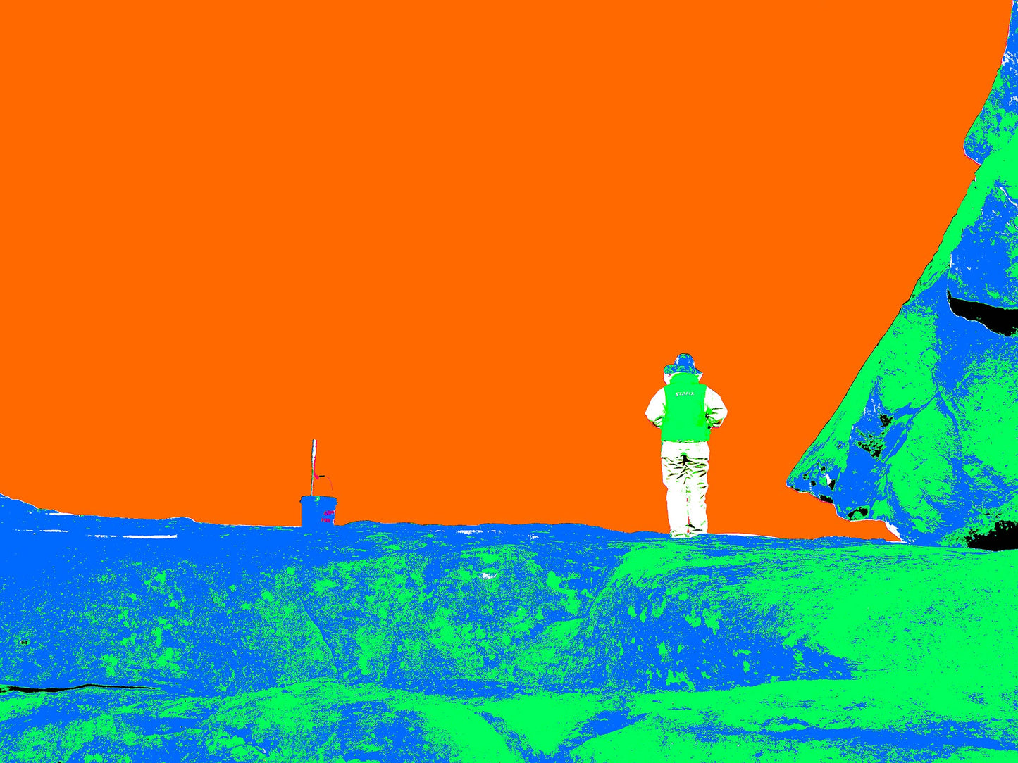 POPscape Sydney - Watsons Bay Fisherman 4690v9 - 90x67.5cm, neon green and orange Pop Art fisherman rock fishing, fine art print.