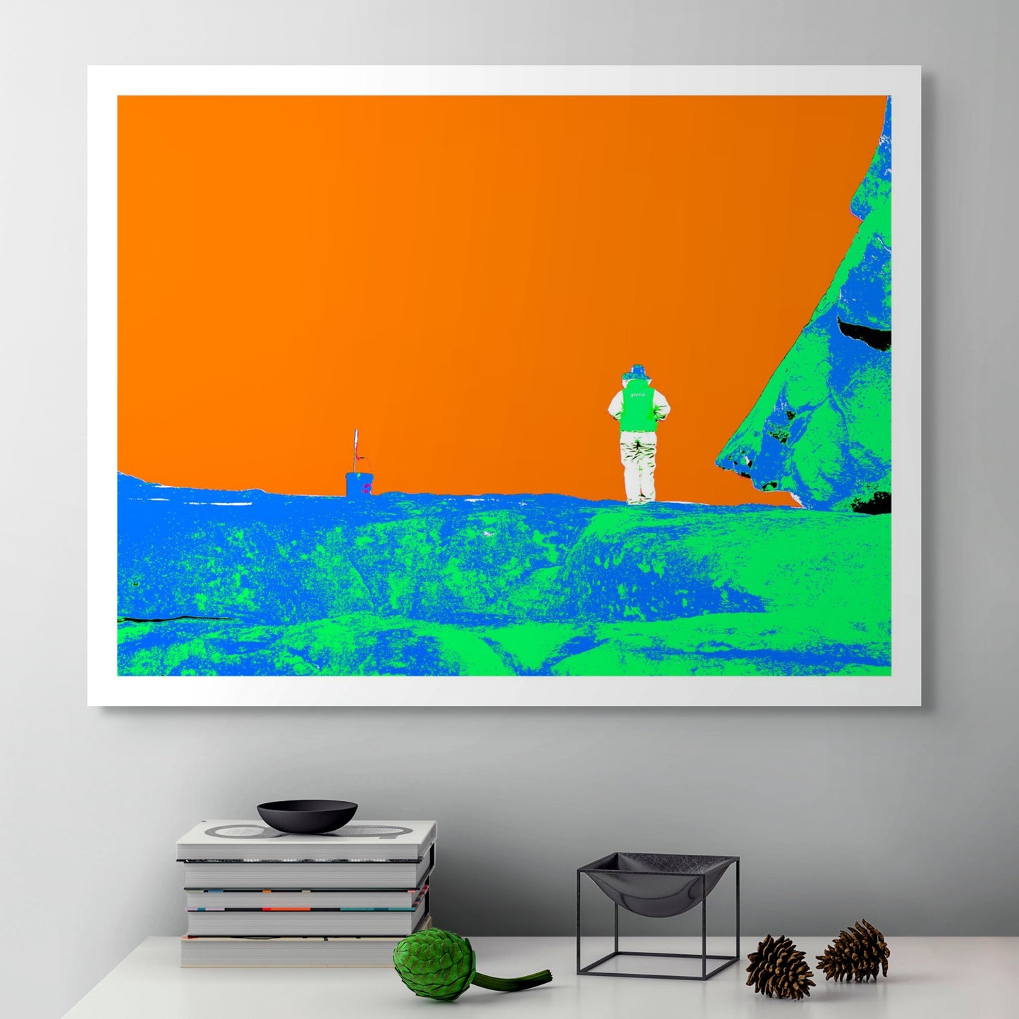 POPscape Sydney - Watsons Bay Fisherman 4690v9 - Room View, neon green and orange Pop Art fisherman rock fishing, fine art print.