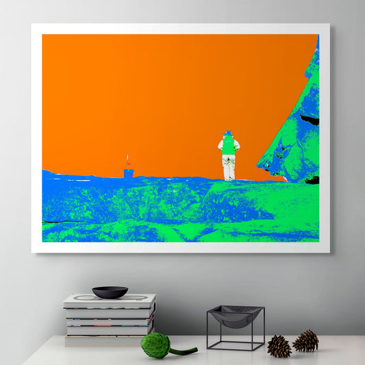 POPscape Sydney - Watsons Bay Fisherman 4690v9 - Room View, neon green and orange Pop Art fisherman rock fishing, fine art print.