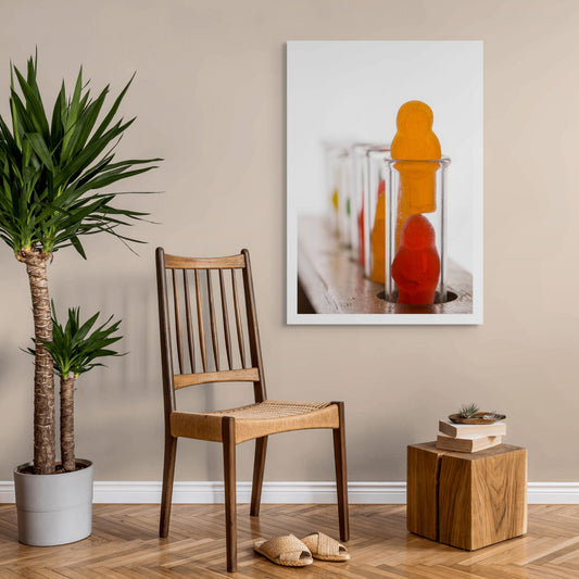 Test Tube Babies 20101 - Room View, fine art photograph by Raymond Mather featuring brightly coloured jelly baby figures inside clear glass test tubes arranged in a wooden rack, a playful yet thought provoking pop art tableau exploring identity, science, and the absurdity of cliché.