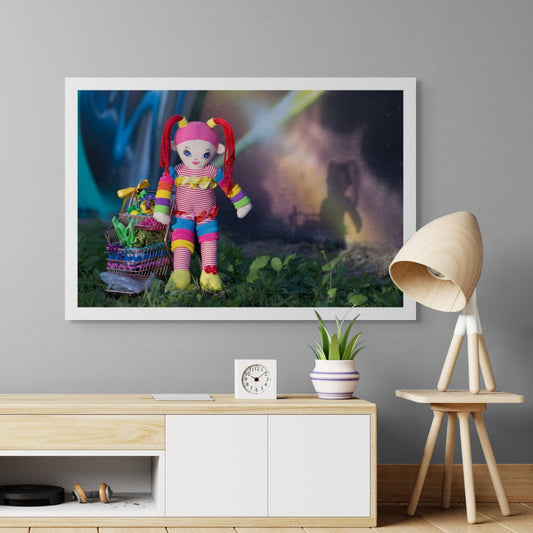 Trolley Dolly - Series No.1: 197291 - Room View, a colourful handmade cloth doll with red pigtails stands beside a mini trolley filled with ribbons, trinkets, and found objects. Her shadow is cast onto a galaxy style mural wall in the background. The image explores homelessness, identity, and play through symbolic layering.