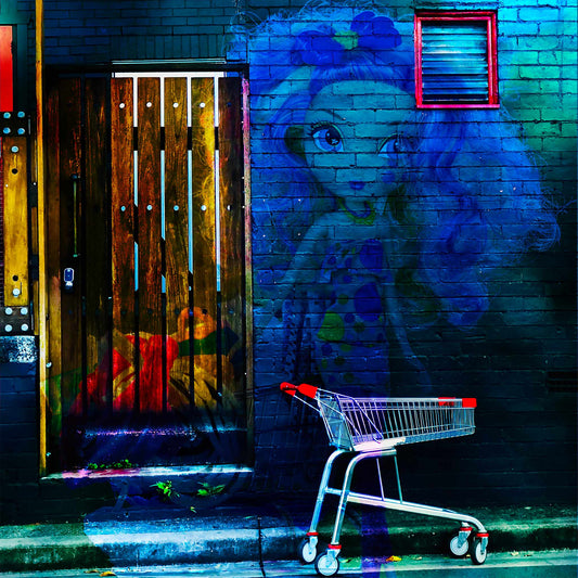 Trolley Dolly - Series No.2: 19E2255v10 - Room View, a translucent doll with long curly hair and a polka dotted dress is layered over a dark brick wall. A red handled shopping trolley sits nearby on the curb, and a timber door to the left glows with textures of fruit and fabric. The image evokes social invisibility and homelessness through a vibrant, symbolic composition.
