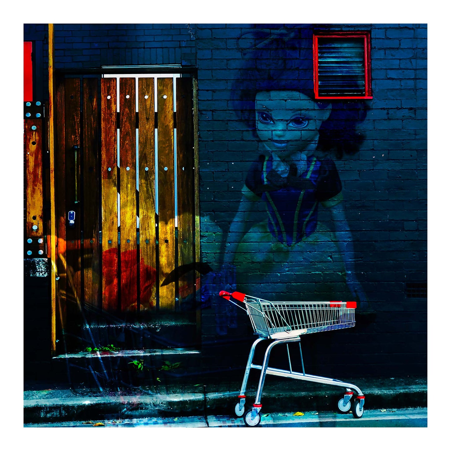 Trolley Dolly - Series No.3: 19E2255v2 - 74x74cm, a fine art photograph featuring a stylised mural of a girl resembling Snow White painted on a dark brick wall next to a wooden door, with a red and silver shopping trolley in the foreground. The artwork contrasts innocence with urban decay.