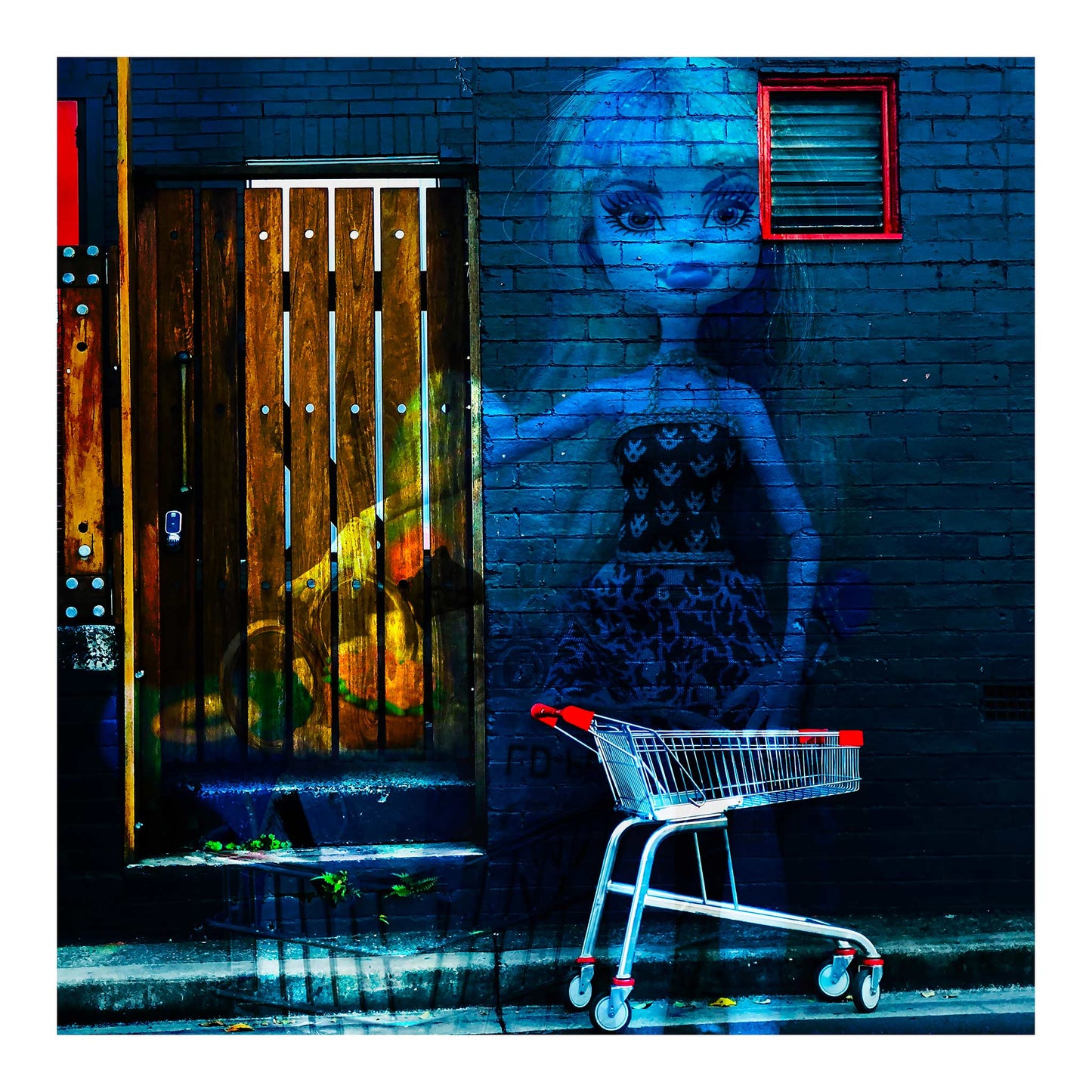 Trolley Dolly - Series No.2: 19E2255v4 - 74x74cm, a translucent doll in a patterned dress is superimposed on a dark brick wall beside a red-handled shopping trolley. A wooden door, partially layered with ghostly fruit imagery, adds symbolic depth. The composition explores homelessness, invisibility, and femininity in an urban context.