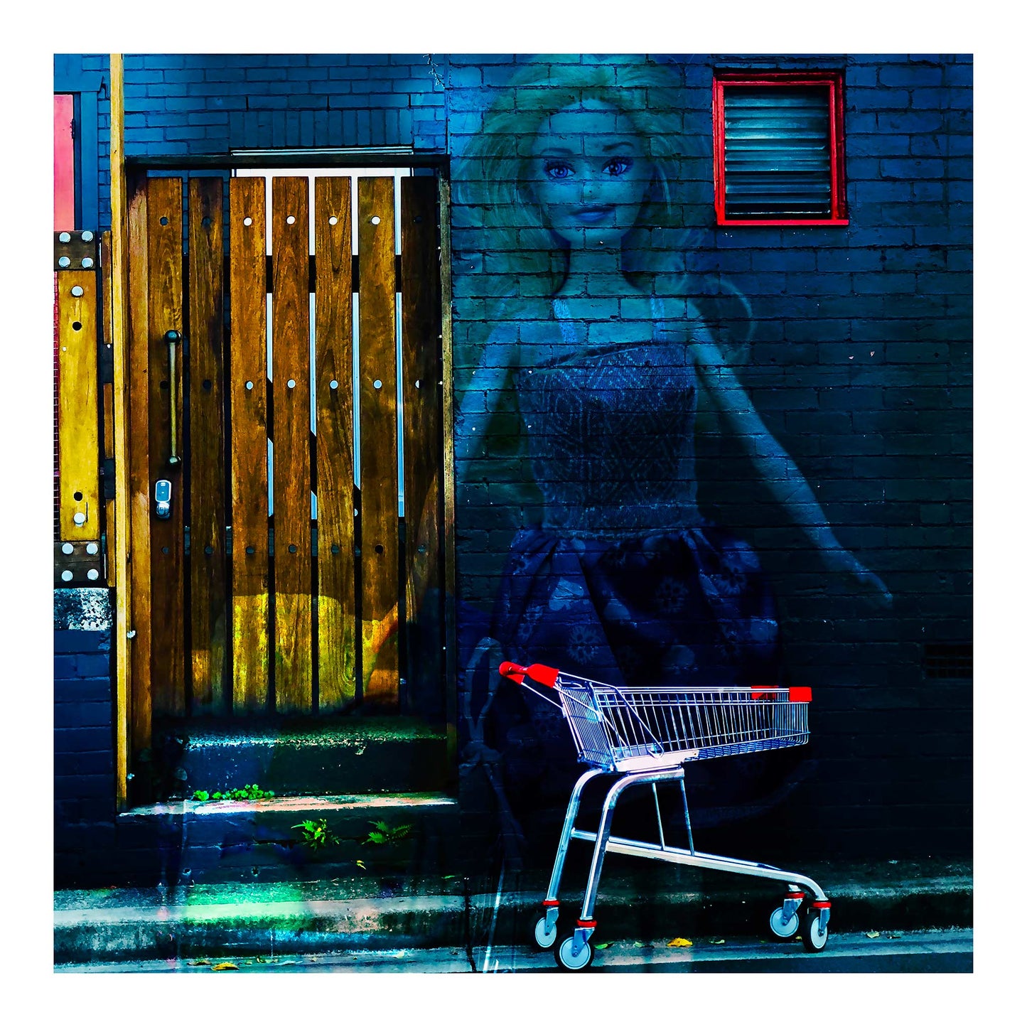 Trolley Dolly - Series No.2: 19E2255v6 - 74x74cm, a translucent doll with blonde hair and a patterned dress is superimposed over a dark brick wall. A red-handled shopping trolley sits nearby, beside a wooden door layered with faint fruit textures. The composition explores invisibility, fragility, and homelessness through symbolic, layered imagery.