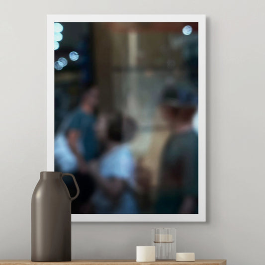 Urban Commute - Series No.1: 0959v1 - Room View, a soft focus photograph of three indistinct commuters passing in golden light, with glowing bokeh orbs to the left. Evokes the quiet rhythm and abstraction of morning city life in motion. Photography by Raymond Mather. Limited edition fine art print.