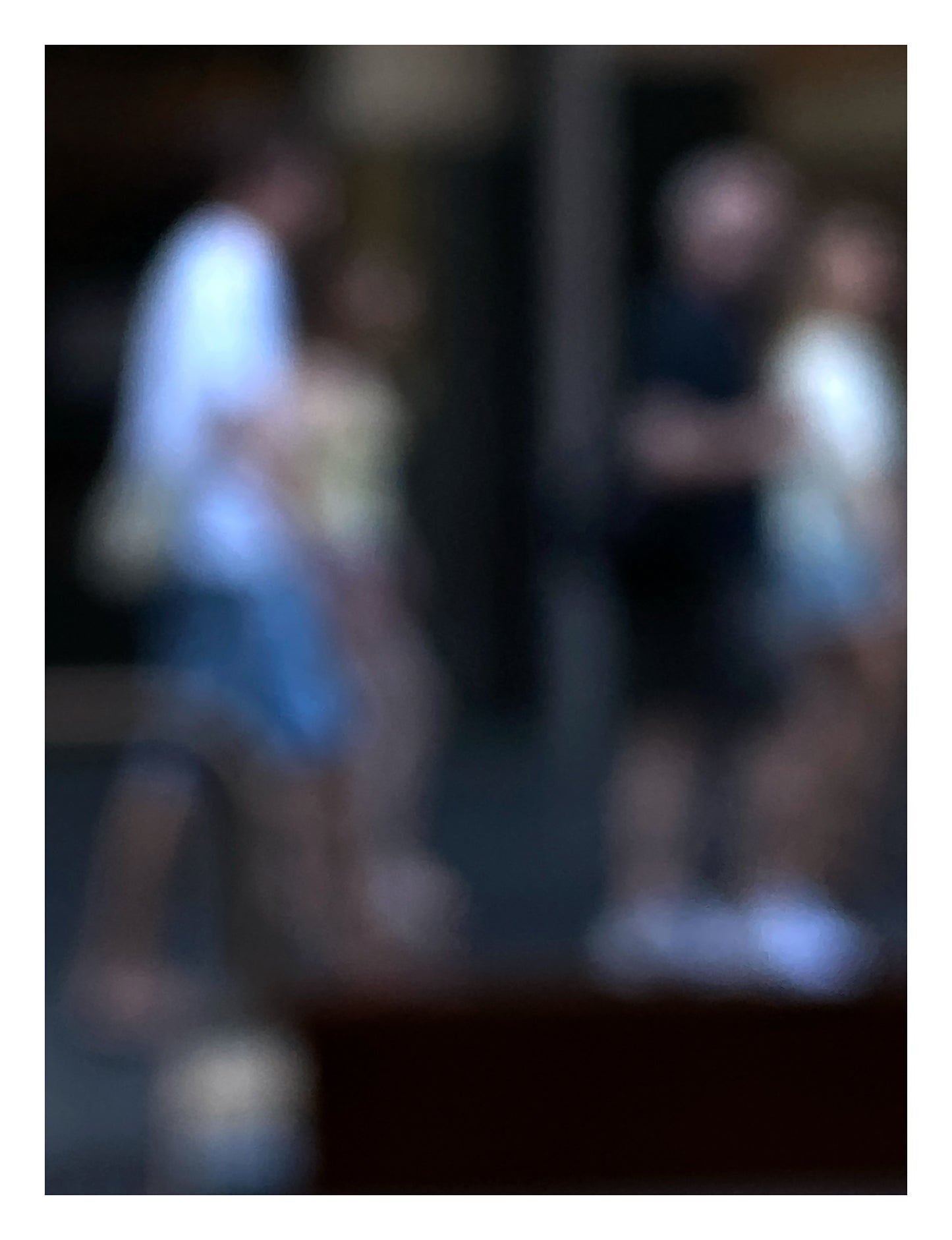 Urban Commute - Series No.1: 0981v1 - 81.5x104cm, a soft focus photograph of five blurred commuters passing through a cool toned city street. Their outlines blend and separate in motion, evoking fleeting connection and urban rhythm. Limited edition fine art print by Raymond Mather.