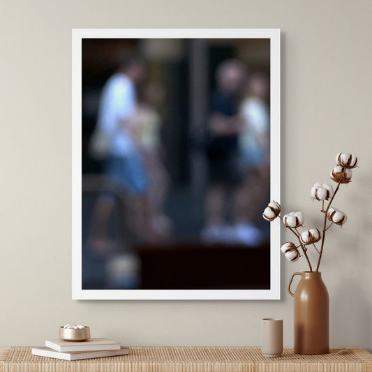 Urban Commute - Series No.1: 0981v1 - Room View, a soft focus photograph of five blurred commuters passing through a cool toned city street. Their outlines blend and separate in motion, evoking fleeting connection and urban rhythm. Limited edition fine art print by Raymond Mather.