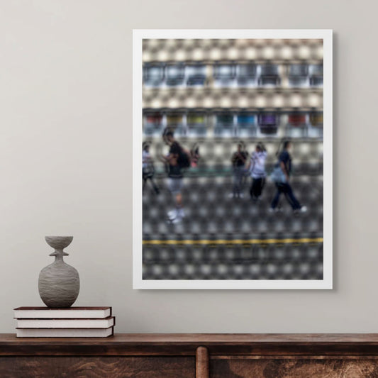 Urban Commute - Series No.2: 9558(1)v1 - Room View, fine art photograph by Raymond Mather showing a group of pedestrians walking past a multicoloured glass façade, viewed through a circular screen. The image blurs motion, structure, and rhythm into a poetic urban abstraction.