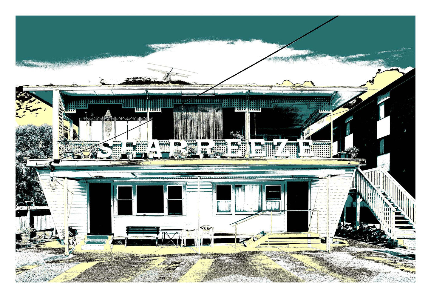 Vivid Country - Coffs Harbour Beach Flats - 5694v12 - 104x74cm, a vintage weatherboard building with bold SEA BREEZE lettering across the top balcony, rendered in a duotone green and yellow pop-art style evoking nostalgic coastal life.