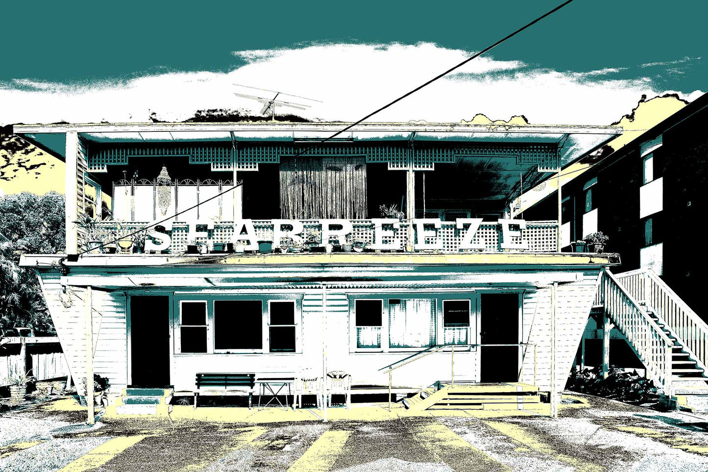 Vivid Country - Coffs Harbour Beach Flats - 5694v12 - 90x60cm, a vintage weatherboard building with bold SEA BREEZE lettering across the top balcony, rendered in a duotone green and yellow pop-art style evoking nostalgic coastal life.