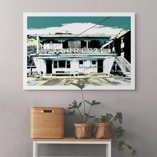 Vivid Country - Coffs Harbour Beach Flats - 5694v12 - Room View, a vintage weatherboard building with bold SEA BREEZE lettering across the top balcony, rendered in a duotone green and yellow pop-art style evoking nostalgic coastal life.