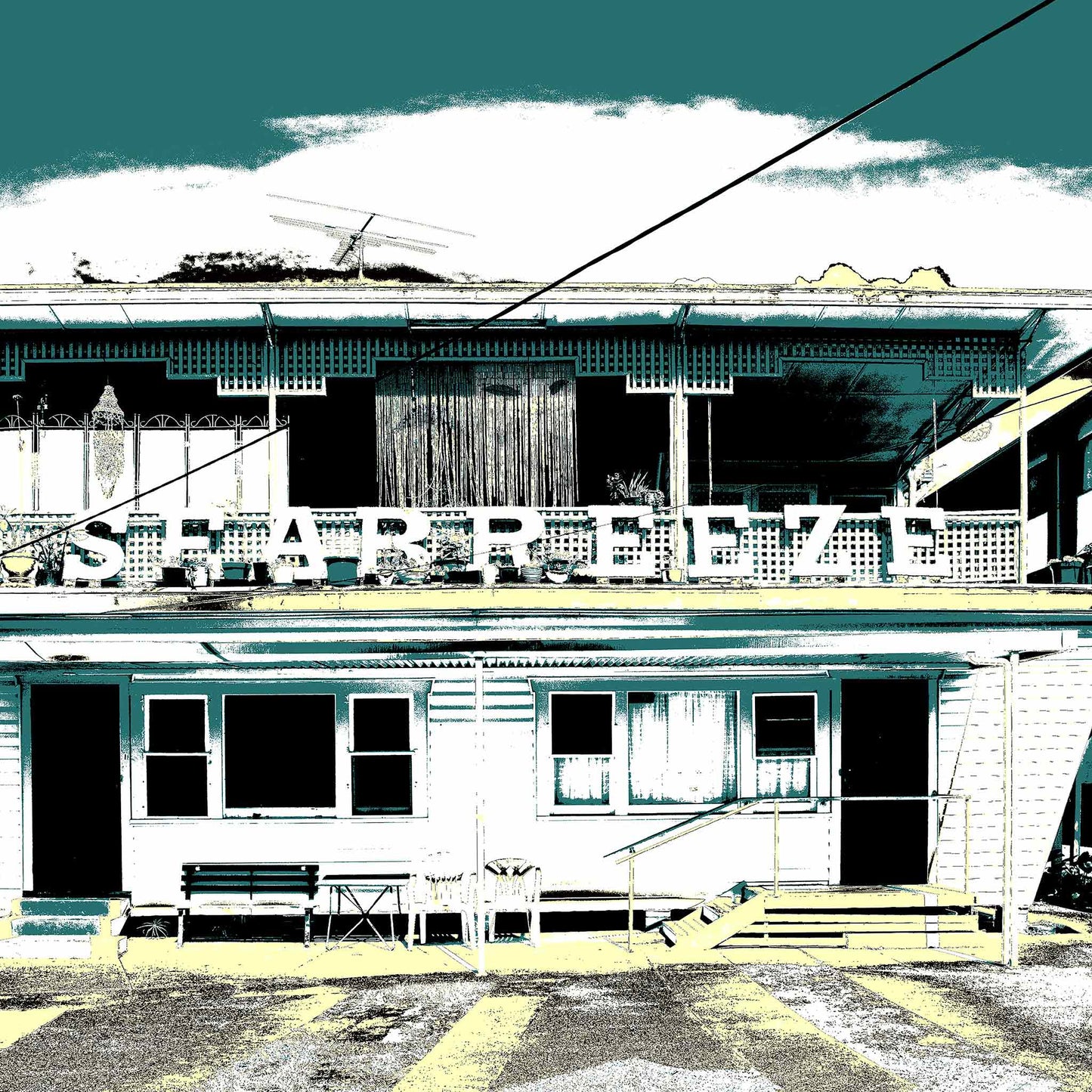 Vivid Country - Coffs Harbour Beach Flats - 5694v12 - Close Detail View, a vintage weatherboard building with bold SEA BREEZE lettering across the top balcony, rendered in a duotone green and yellow pop-art style evoking nostalgic coastal life.